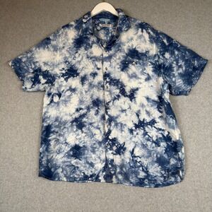 Tommy Bahama Mens XL Blue White Tie Dye Linen Blend Short Sleeve Button Up Shirt